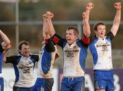 30 January 2010; Cork Constitution players, from left, Daragh Lyon, Robert Quinn, Frank Hogan and Brian Hayes celebrate victory. AIB Cup Final, Cork Constitution v Garryowen, Dubarry Park, Athlone, Co. Westmeath. Picture credit: Stephen McCarthy / SPORTSFILE