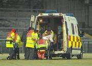 30 January 2010; Stephen O'Neill, Tyrone, leaves the field to be taken away in an ambulance with a suspected broken elbow. Barrett Sports Lighting Dr. McKenna Cup Final, Donegal v Tyrone, Brewster Park, Enniskillen, Co. Fermanagh. Picture credit: Oliver McVeigh / SPORTSFILE