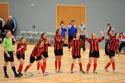 30 January 2010; Trinity players celebrate their semi-final win against CCFE after Josephine Amelia Shister scored the winning penalty. WSCAI National Futsal Plate Semi-Final 2, Trinity v CCFE, Kingfishers Sports Centre, NUIG, University Road, Galway. Picture credit: Matt Browne / SPORTSFILE