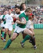 31 January 2010; Fionn Carr, Ireland Wolfhounds, in action against Dominic Waldouck and Noah Cato, England Saxons. Representative Fixture, England Saxons v Ireland Wolfhounds, Recreation Ground, Bath, England. Picture credit: Matthew Impey / SPORTSFILE