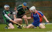 26 February 2016; Niall O'Meara, Mary Immaculate College Limerick, in action against Kieran Bennett, left, and Paul Killeen, Limerick Institute of Technology. Independent.ie Fitzgibbon Cup Semi-Final, Limerick Institute of Technology v Mary Immaculate College Limerick. Cork IT, Bishopstown, Cork. Picture credit: Piaras Ó Mídheach / SPORTSFILE