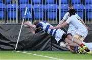 26 February 2016; Niall Comerford, Blackrock College, scores a try against Presentation College Bray despite the tackle of Samuel O'Dowd. Bank of Ireland Leinster Schools Junior Cup, Round 2, Presentation College Bray v Blackrock College, Donnybrook Stadium, Donnybrook, Dublin. Picture credit: Matt Browne / SPORTSFILE