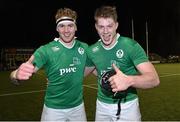 26 February 2016; Ireland's Cillian Gallagher, left, and Peter Claffey, following their side's victory. U20 Six Nations Rugby Championship, England v Ireland,  Kingston Park, Newcastle, England. Picture credit: Ramsey Cardy / SPORTSFILE