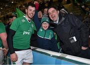 26 February 2016; Ireland try scoer Matthew Byrne with supporters following his side's victory. Six Nations Rugby Championship, England v Ireland, Kingston Park, Newcastle, England. Picture credit: Ramsey Cardy / SPORTSFILE