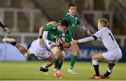 26 February 2016; Kelvin Brown, Ireland, is tackled by Charlie Thacker, left, and Matthew Protheroe, England. U20 Six Nations Rugby Championship, England v Ireland,  Kingston Park, Newcastle, England. Picture credit: Ramsey Cardy / SPORTSFILE