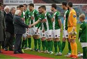 27 February 2016; President of Ireland Michael D. Higgins is presented to members of both teams before the start of the game between  Cork City and  Dundalk. President's Cup Final, Cork City v Dundalk, Turners Cross, Cork. Picture credit: David Maher / SPORTSFILE