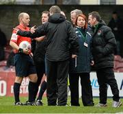 27 February 2016;  Dundalk manager Stephen Kenny and his assistant Vinny Perth remonstrate with referee Graham Kelly at half time. President's Cup Final, Cork City v Dundalk, Turners Cross, Cork. Picture credit: David Maher / SPORTSFILE