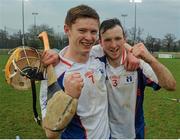 27 February 2016; John Meagher, left and Richie English, right, Mary Immaculate College Limerick, celebrate after the game. Independent.ie Fitzgibbon Cup Final, Mary Immaculate College Limerick v University of Limerick, Cork IT, Cork. Picture credit: Eóin Noonan / SPORTSFILE
