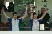 27 February 2016; Joint captains Darragh Corry, left, and Richie English, right, Mary Immaculate College Limerick, lift the cup after the game. Independent.ie Fitzgibbon Cup Final, Mary Immaculate College Limerick v University of Limerick, Cork IT, Cork. Picture credit: Eóin Noonan / SPORTSFILE