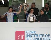 27 February 2016; Joint captains Darragh Corry, left, and Richie English, right, Mary Immaculate College Limerick, lift the cup. Independent.ie Fitzgibbon Cup Final, Mary Immaculate College Limerick v University of Limerick, Cork IT, Cork. Picture credit: Eóin Noonan / SPORTSFILE