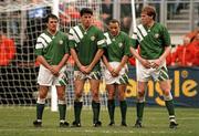 31 March 1993; The Republic of Ireland defensive wall, from left, Ray Houghton, Andy Townsend, Terry Phelan and Steve Staunton prepare for a Northern Ireland free-kick. FIFA World Cup Qualifier, Republic of Ireland v Northern Ireland, Lansdowne Road, Dublin. Picture Credit: Ray McManus / SPORTSFILE