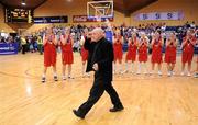 31 January 2010; DCU Mercy head coach Mark Ingle is applauded by his team as he makes his way to the podium to collect his winners medal. Women's Superleague National Cup Final 2010, Team Montenotte Hotel Cork v DCU Mercy, National Basketball Arena, Tallaght, Dublin. Picture credit: Brendan Moran / SPORTSFILE