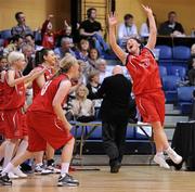 31 January 2010; Lyndsay Peat, right, DCU Mercy, celebrates at the final buzzer with her team-mates. Women's Superleague National Cup Final 2010, Team Montenotte Hotel Cork v DCU Mercy, National Basketball Arena, Tallaght, Dublin. Picture credit: Brendan Moran / SPORTSFILE