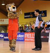 31 January 2010; Referee David Caballe is entertained by the Killester mascot during a time-out. Men's Superleague National Cup Final 2010, Killester v UCC Demons, National Basketball Arena, Tallaght, Dublin. Picture credit: Brendan Moran / SPORTSFILE