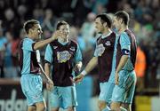 3 February 2010; Drogheda United's Alan McNally, right, celebrates scoring his side's first goal with team-mates, from left, Gareth O'Connor, Eric McGill and Ross Gaynor. Pre-Season Friendly, Drogheda United v Glasgow Celtic XI, United Park, Drogheda, Co. Louth. Photo by Sportsfile