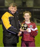 27 February 2016; Aislinn Meaney, Galway WFC, is presented with the player of the match award by Eddie Ryan, Marketing Director, Advance Pitstop. Continental Tyres Women's National League, Galway WFC v Cork City WFC, Eamon Deacy Park, Galway. Picture credit: Sam Barnes / SPORTSFILE