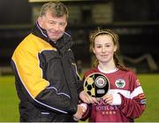 27 February 2016; Aislinn Meaney, Galway WFC, is presented with the player of the match award by Eddie Ryan, Marketing Director, Advance Pitstop. Continental Tyres Women's National League, Galway WFC v Cork City WFC, Eamon Deacy Park, Galway. Picture credit: Sam Barnes / SPORTSFILE