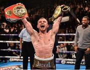 27 February 2016; Carl Frampton celebrates after defeating Scott Quigg by points decision in their IBF & WBA Super-Bantamweight World Unification Title Fight. Manchester Arena, Manchester, England. Picture credit: Ramsey Cardy / SPORTSFILE