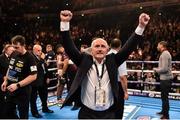 27 February 2016; Promoter Barry McGuigan celebrates after Carl Frampton defeated Scott Quigg by points decision in their IBF & WBA Super-Bantamweight World Unification Title Fight. Manchester Arena, Manchester, England. Picture credit: Ramsey Cardy / SPORTSFILE