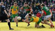 28 February 2016; Odhran MacNiallais, Donegal, in action against Lee Keegan, Mayo. Allianz Football League, Division 1, Round 3, Donegal v Mayo, MacCumhaill Park, Ballybofey, Co. Donegal. Picture credit: Oliver McVeigh / SPORTSFILE