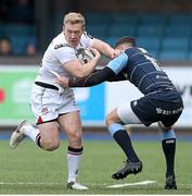 28 February 2016; Stuart Olding, Ulster, is tackled by   Aled Summerhil, Cardiff Blues. Guinness PRO12 Round 16, Cardiff Blues v Ulster, BT Sport Cardiff Arms Park, Cardiff, Wales. Picture credit: Chris Fairweather / SPORTSFILE