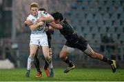 28 February 2016; Cathal Marsh, Leinster, is tackled by Quintin Geldenhuys and Johan Meyer, Zebre. Guinness PRO12, Round 16, Zebre v Leinster, Stadio Sergio Lanfranchi, Parma, Italy. Picture credit: Seb Daly / SPORTSFILE