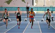 28 February 2016; Dean Adams, Ballymena & Antrim A.C., Craig Lynch, Shercock A.C., Joseph Ojewumi, Tallaght A.C and Jonathon Browning, Ballymena & Antrim A.C., competing in the mens 60m semi-final  at the GloHealth National Senior Indoor Championships Senior Track & Field. Craig Lynch went on to win the final. AIT Arena, Athlone, Co. Westmeath. Picture credit: Sam Barnes / SPORTSFILE
