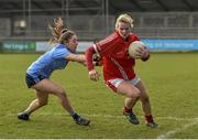 28 February 2016; Briege Corkery, Cork, is tackled by Siobhan Woods, Dublin. Lidl Ladies Football National League, Division 1, Dublin v Cork, Parnell Park, Dublin. Picture credit: Ramsey Cardy / SPORTSFILE