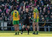 28 February 2016; Referee Barry Cassidy shows Neil Gallagher, Donegal, a black card shortly after comimg on to the field. Allianz Football League, Division 1, Round 3, Donegal v Mayo, MacCumhaill Park, Ballybofey, Co. Donegal. Picture credit: Oliver McVeigh / SPORTSFILE