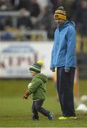 28 February 2016; Rían Sheridan, age 2 and a half, plays with his father, former Longford goalkeeper Damien Sheridan, on the pitch at half-time. Allianz Football League, Division 3, Round 3, Longford v Kildare, Glennon Brothers Pearse Park, Longford. Picture credit: Piaras Ó Mídheach / SPORTSFILE