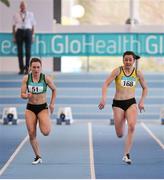 28 February 2016; Eventual winner, Phil Healy, Bandon A.C., right, and second place Niamh Whelan, Ferrybank A.C., competing in the Women's 60m final at the GloHealth National Senior Indoor Championships Senior Track & Field. AIT Arena, Athlone, Co. Westmeath. Picture credit: Sam Barnes / SPORTSFILE