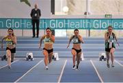 28 February 2016; Shona Lowe, Leevale A.C., Joan Healy, Bandon A.C., Niamh Whelan, Ferrybank A.C., and Kirsty McBarnet, Ballymena & Antrim A.C., competing in the Women's 60m Semi Final at the GloHealth National Senior Indoor Championships Senior Track & Field. AIT Arena, Athlone, Co. Westmeath. Picture credit: Sam Barnes / SPORTSFILE
