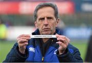28 February 2016; David Ross, Executive Services Manager, Leinster Rugby, draws out the name of Clongowes Wood College during the Bank of Ireland Leinster Schools Junior Cup Semi Final at Donnybrook Stadium, Donnybrook, Dublin. Picture credit: Stephen McCarthy / SPORTSFILE
