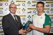 5 February 2010; Enda Lynch from O2 presents Ireland Wolfhounds captain Chris Henry with the O2 Man of The Match Award after the A international against Scotland A at Ravenhill Park, Belfast, Co. Antrim. Picture credit: John Dickson / SPORTSFILE