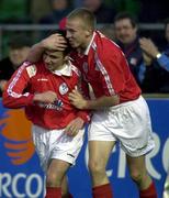 10 April 2001; Pat Fenlon of Shelbourne, left, celebrates after scoring his side's first goal with team-mate Richie Foran during the Eircom League Premier Division match between UCD and Shelbourne at Belfield in UCD, Dublin. Photo by David Maher/Sportsfile
