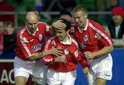 10 April 2001; Pat Fenlon of Shelbourne, centre, celebrates scoring his side's first goal with team-mates Paul Doolin, left, and Richie Foran during the Eircom League Premier Division match between UCD and Shelbourne at Belfield in UCD, Dublin. Photo by David Maher/Sportsfile