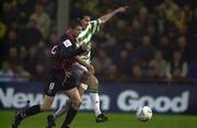 13 April 2001; Brian Byrne of Shamrock Rovers is tackled by Jimmy Fullam of Bohemians during the Harp Lager FAI Cup Semi-Final match between Bohemians and Shamrock Rovers at Dalymount Park in Dublin. Photo by Matt Browne/Sportsfile