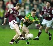 15 April 2001; Michael Donnellan of Galway gets his shot away despite the blockdown attempt by Darragh Ó Sé of Kerry during the Allianz GAA National Football League Division 1A match between Galway and Kerry at Tuam Stadium in Tuam, Galway. Photo by Brendan Moran/Sportsfile