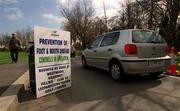 16 April 2001; A sign indicating the presence of Foot and Mouth Controls at the entrance to Leopardstown Racecourse on the first day back of Horse Racing in Ireland since Racing was suspended due to foot and mouth at Leopardstown Racecourse in Dublin. Photo by Brendan Moran/Sportsfile