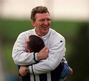 11 April 2001; UUJ manager Adrian McGuckian celebrates victory with Martin O'Rourke after the Sigerson Cup Final match between UCD and UUJ at Scotstown GAA in Monaghan. Photo by Damien Eagers/Sportsfile