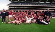 16 April 2001; The Crossmolina squad and backroom team celebrate with the Andy Merrigan cup after the AIB All-Ireland Senior Club Football Championship Final match between Crossmolina and Nemo Rangers at Croke Park in Dublin. Photo by Damien Eagers/Sportsfile
