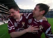 16 April 2001; Crossmolina players Peadar Gardiner, left, and Johnny Leonard celebrate after the AIB All-Ireland Senior Club Football Championship Final match between Crossmolina and Nemo Rangers at Croke Park in Dublin. Photo by Damien Eagers/Sportsfile