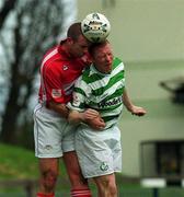 22 April 2001; Sean Francis of Shamrock Rovers is challenged for possession by Derek Coughlan of Cork City during the Eircom League Premier Division match between Shamrock Rovers and Cork City at Morton Stadium in Dublin. Photo by Pat Murphy/Sportsfile