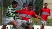 22 April 2001; Declan Daly of Cork City is challenged by Gareth Cronin of Shamrock Rovers during the Eircom League Premier Division match between Shamrock Rovers and Cork City at Morton Stadium in Dublin. Photo by Pat Murphy/Sportsfile