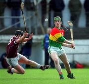 15 April 2001; Paddy Coady of Carlow in action against Darren McCormack of Westmeath during the Leinster Senior Hurling Championship First Preliminary Round match between Carlow and Westmeath at Dr Cullen Park in Carlow. Photo by Aoife Rice/Sportsfile