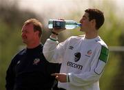 23 April 2001; Mark Kennedy takes a water break during a Republic of Ireland training session at the AUL Complex in Clonshaugh in Dublin. Photo by David Maher/Sportsfile