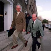 23 April 2001; John Byrne of Galway United right, and Charles Cahill, FAI Honorary Vice President, arrive for the FAI Board of Management meeting at the FAI Offices in Merrion Square, Dublin. Photo by Damien Eagers/Sportsfile