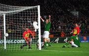 25 April 2001; Gary Doherty of Republic of Ireland celebrates as team-mate Gary Breen scores their side's third goal during the FIFA World Cup 2002 Group 2 Qualifier match between Republic of Ireland and Andorra at Lansdowne Road in Dublin. Photo by Damien Eagers/Sportsfile