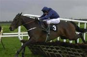 25 April 2001; Colonel Braxton with Kieran Kelly up, jumps the last to win the Menolly Homes Champion Novice Hurdle at Fairyhouse Racecourse in Meath. Photo by Matt Browne/Sportsfile