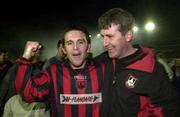 26 April 2001; Longford Town manager Stephen Kenny celebrates with Stuart Byrne after the FAI Harp Lager Cup Semi-Final Replay match between Longford Town and Waterford Town at Flancare Park in Longford. Photo by David Maher/Sportsfile